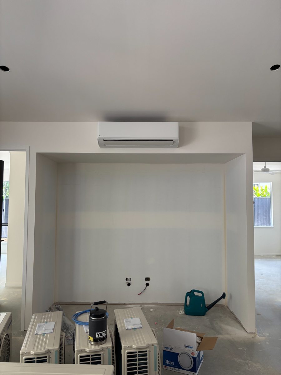 Split system installed in a new build living room in Cairns, ready for handover