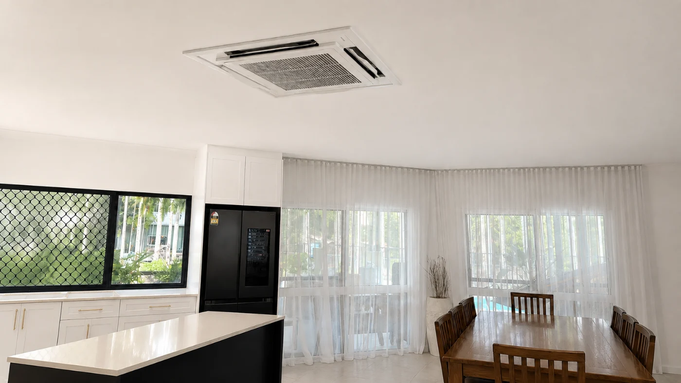 Ceiling cassette air conditioner installed in a Cairns home kitchen and dining area