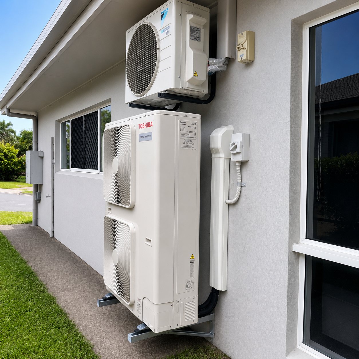 Ducted air conditioning outdoor condensing units beside a Cairns home