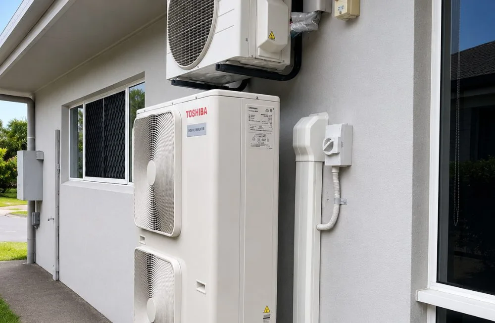 Two split system outdoor units installed on a wall bracket at a Cairns home